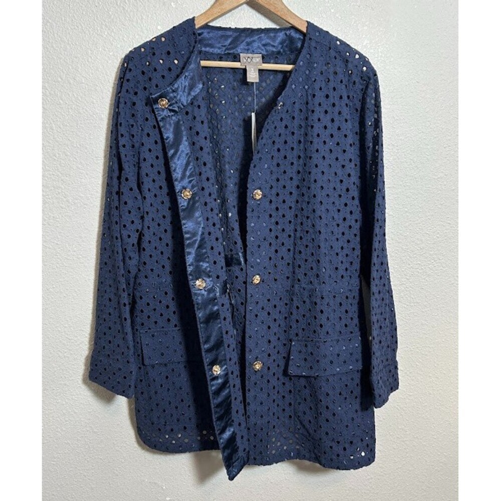 NEW Chico's Eyelet Jacket 3 US XL Navy Blue 100% Cotton Button Up Long Cinch NWT - Picture 3 of 11